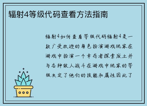 辐射4等级代码查看方法指南